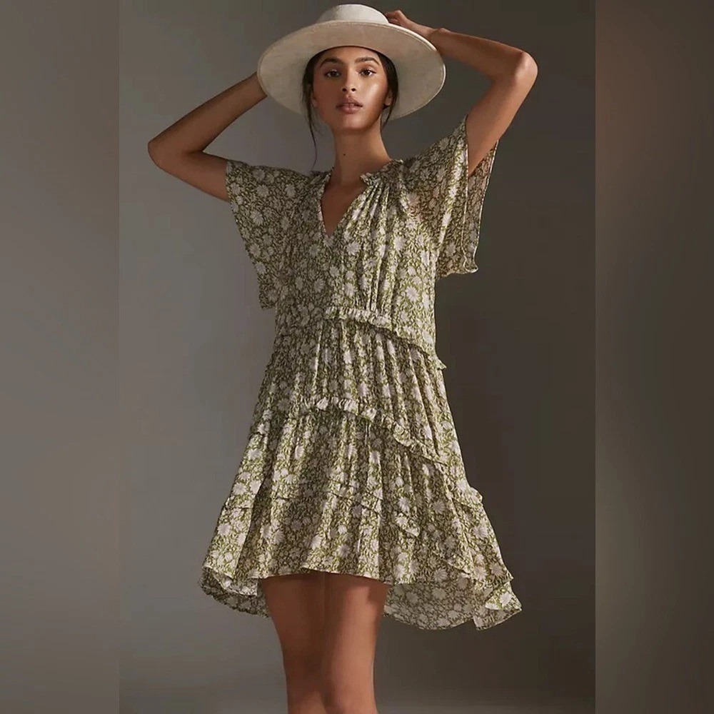 by Anthropologie Robin Tiered Mini Dress in Green Pink Moss Floral Size XXS